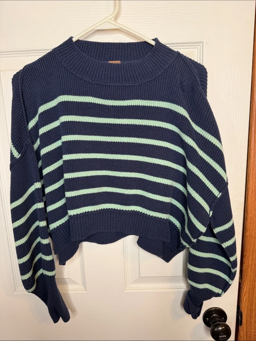 Free People Navy and Mint Striped Cropped Crew Sweater